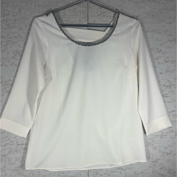 NWT SKIES ARE BLUE Ivory Blouse Beaded Trim Neckline & Back w/ Cut-Out Size 8 - Picture 2 of 15